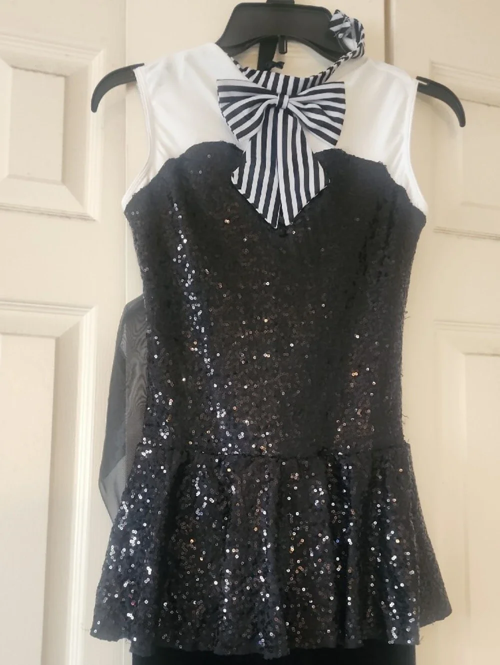 Black Sequin Peplum Dance Costume with White Accents